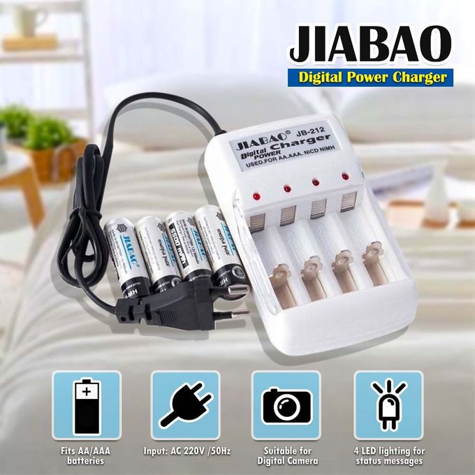 Chargeur des piles rechargable avec 4 piles Jiabao Jb-212 - شاحن البطاريات القابلة للشحن مع 4 بطاريات - تنزوت