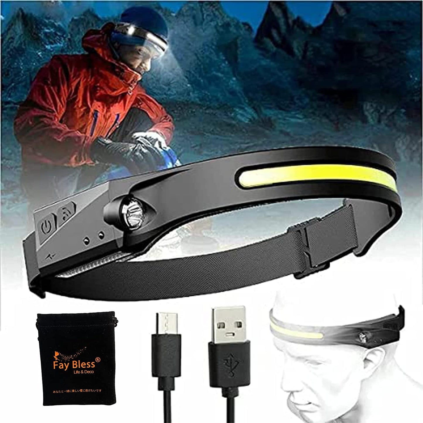 Lampe frontale 6000LM COB à Induction Rechargeable 5 Modes تنزوت