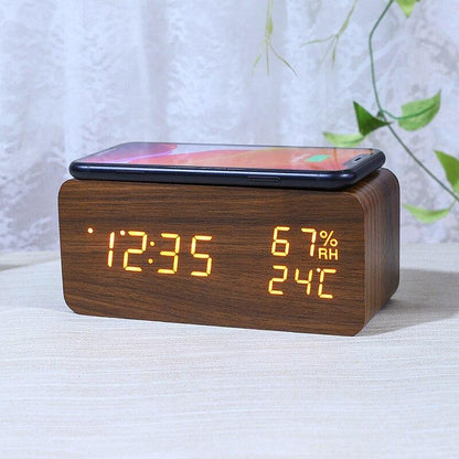 Réveil numérique de bureau en bois avec socle de charge sans fil Qi - تنزوت