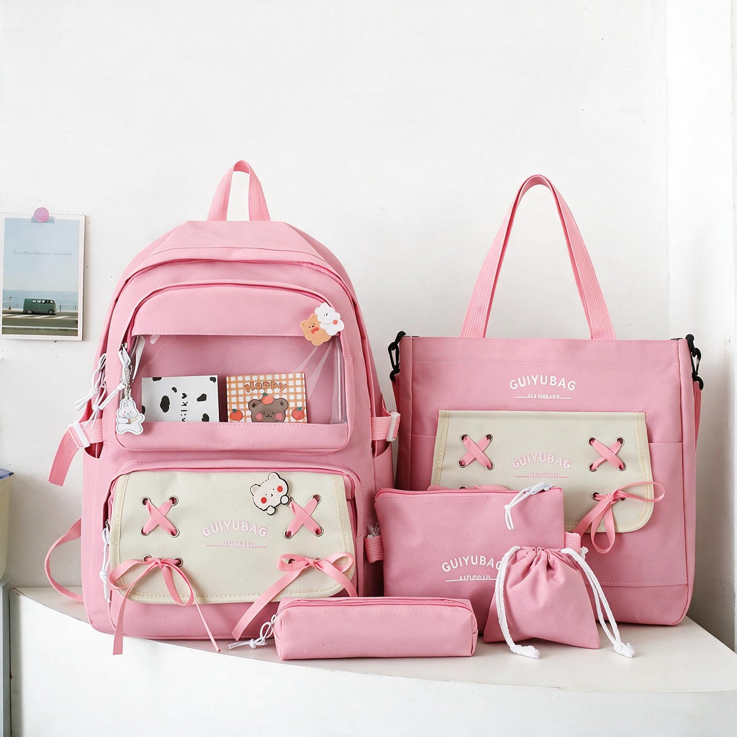 Sac à Dos Multifonctionnel Kawaii Grand Volume Imperméable et Résistant 5Pcs SACKDS11 - حقيبة ظهر بعدة قطع بتصميم كاوايي
