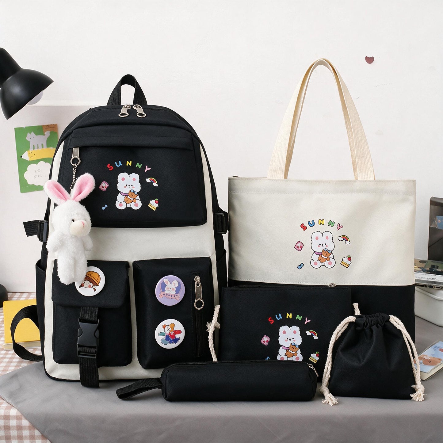 Sac à Dos Multifonctionnel Kawaii Grand Volume Imperméable et Résistant 5Pcs Noir SACKDS15N - حقيبة ظهر بعدة قطع بتصميم كاوايي