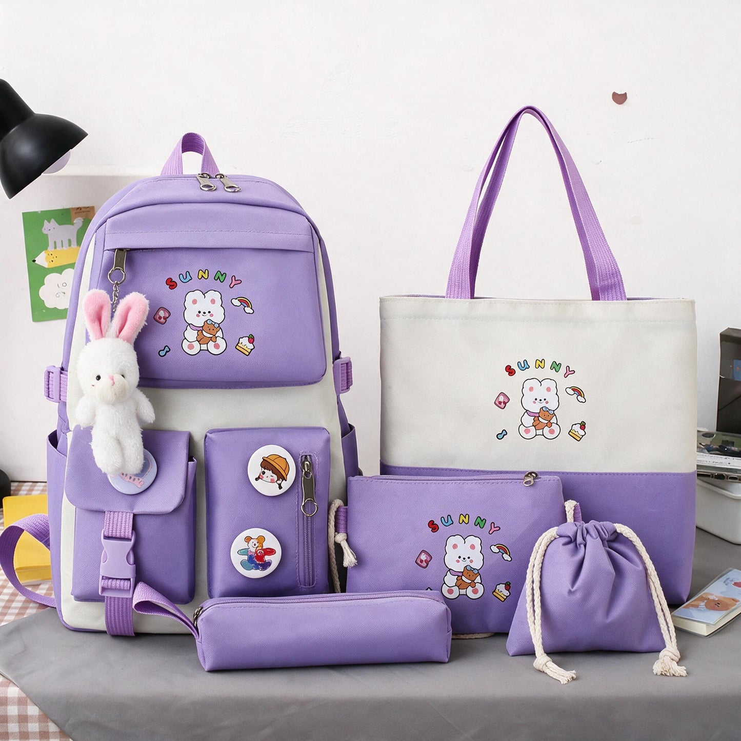 Sac à Dos Multifonctionnel Kawaii Grand Volume Imperméable et Résistant 5Pcs Noir SACKDS15N - حقيبة ظهر بعدة قطع بتصميم كاوايي