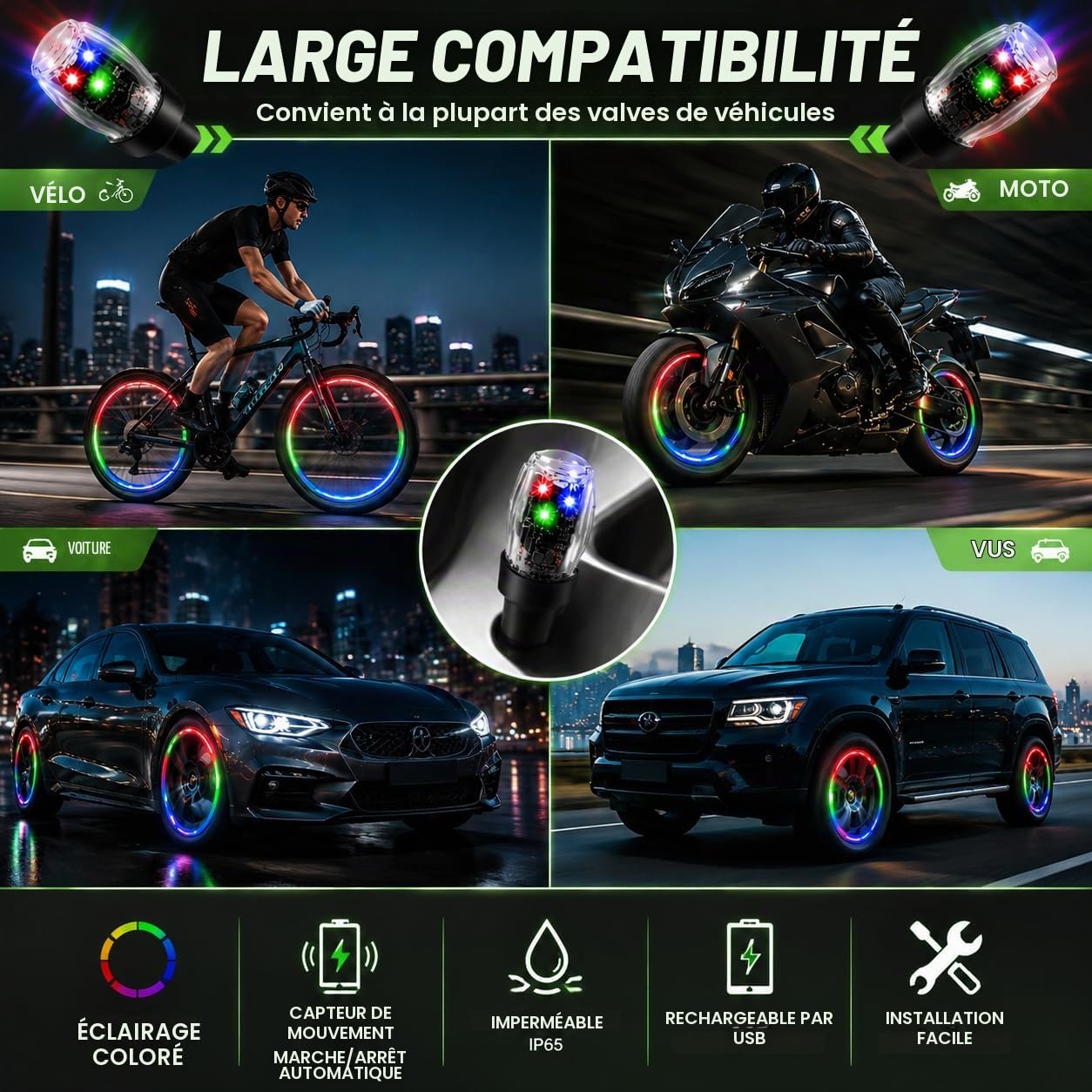 Lumières LED pour Valve de Pneu Étanche Capteur de Mouvement Auto Décoration et Sécurité - أضواء صمام العجلات المضيئة للسيارات والدراجات