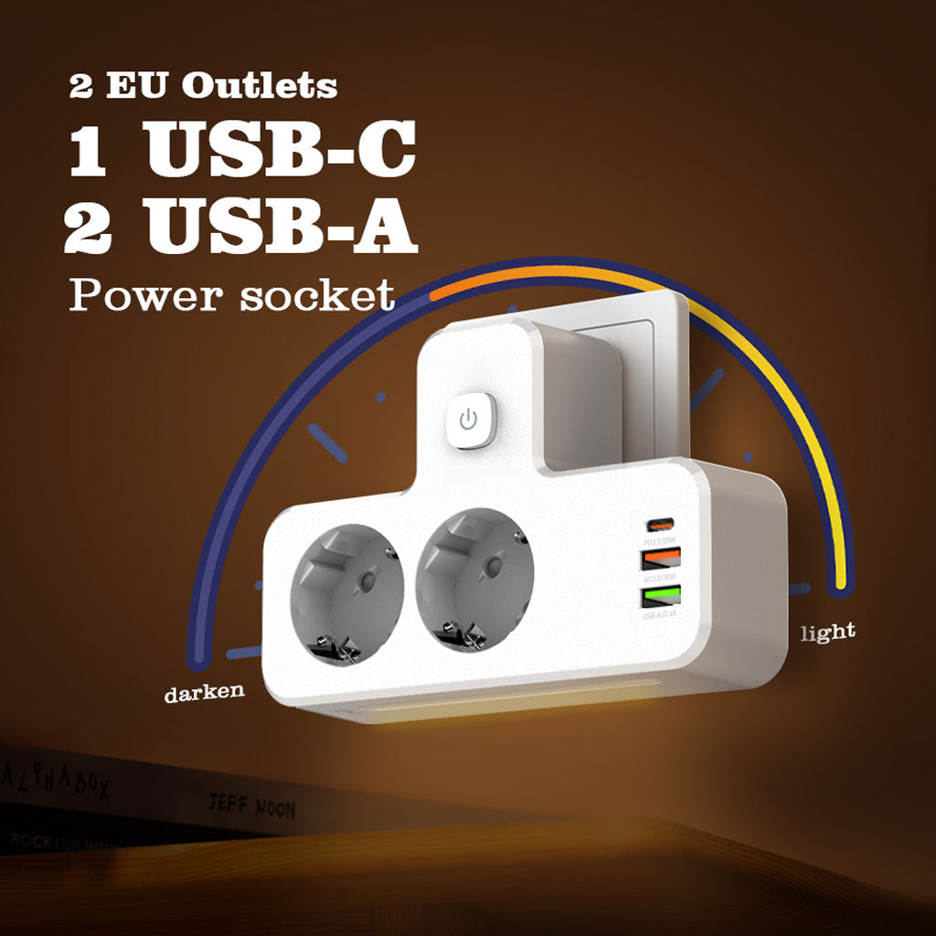 Rallonge Mural Multifonction – 2 Prises Européennes, 3 Ports USB (dont USB-C) et Lumière LED – مقبس طاقة تنزوت