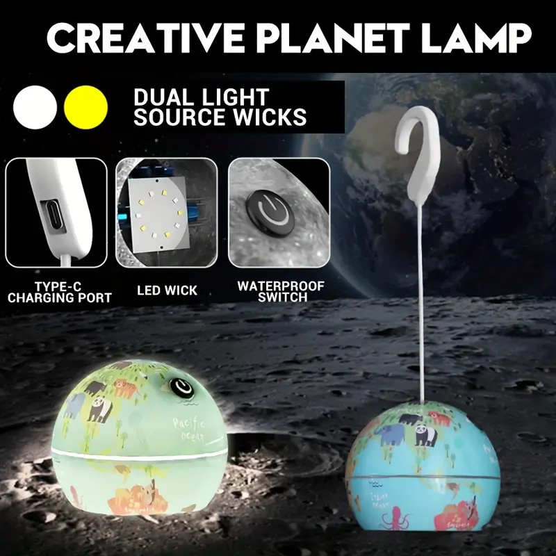 Lampe Led Suspendue En Forme De Boule Décorative, Rechargeable Par Usb, Pour Camping Intérieur Et Extérieur, En Forme De Lune Ou De Terre, 1 Pièce تنزوت
