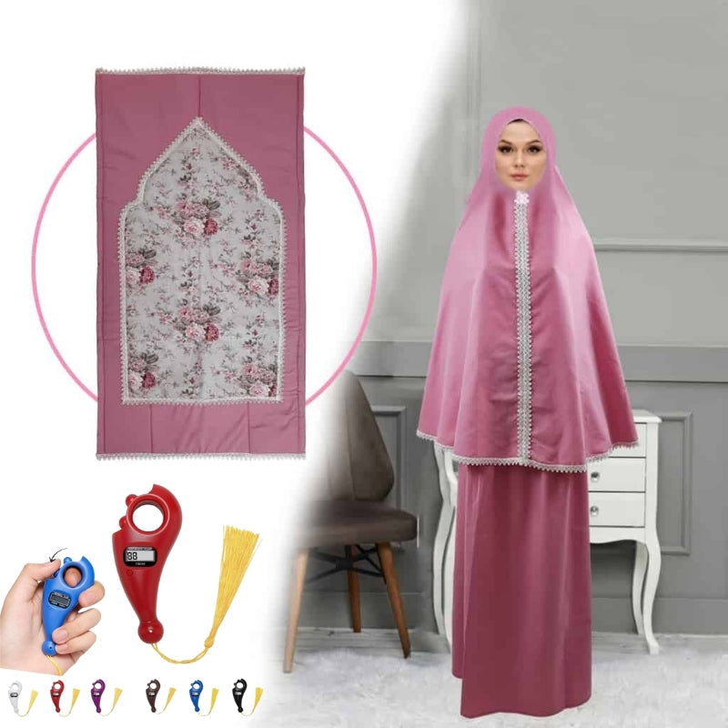 PACK طقم صلاة نسائي 4 قطع برداء فضفاض وسجادة مبطنة مع غلاف للمصحف + جهاز تسبيح رقمي محمول، سبحة صلاة مع عداد رقمي تنزوت