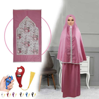 PACK طقم صلاة نسائي 4 قطع برداء فضفاض وسجادة مبطنة مع غلاف للمصحف + جهاز تسبيح رقمي محمول، سبحة صلاة مع عداد رقمي تنزوت