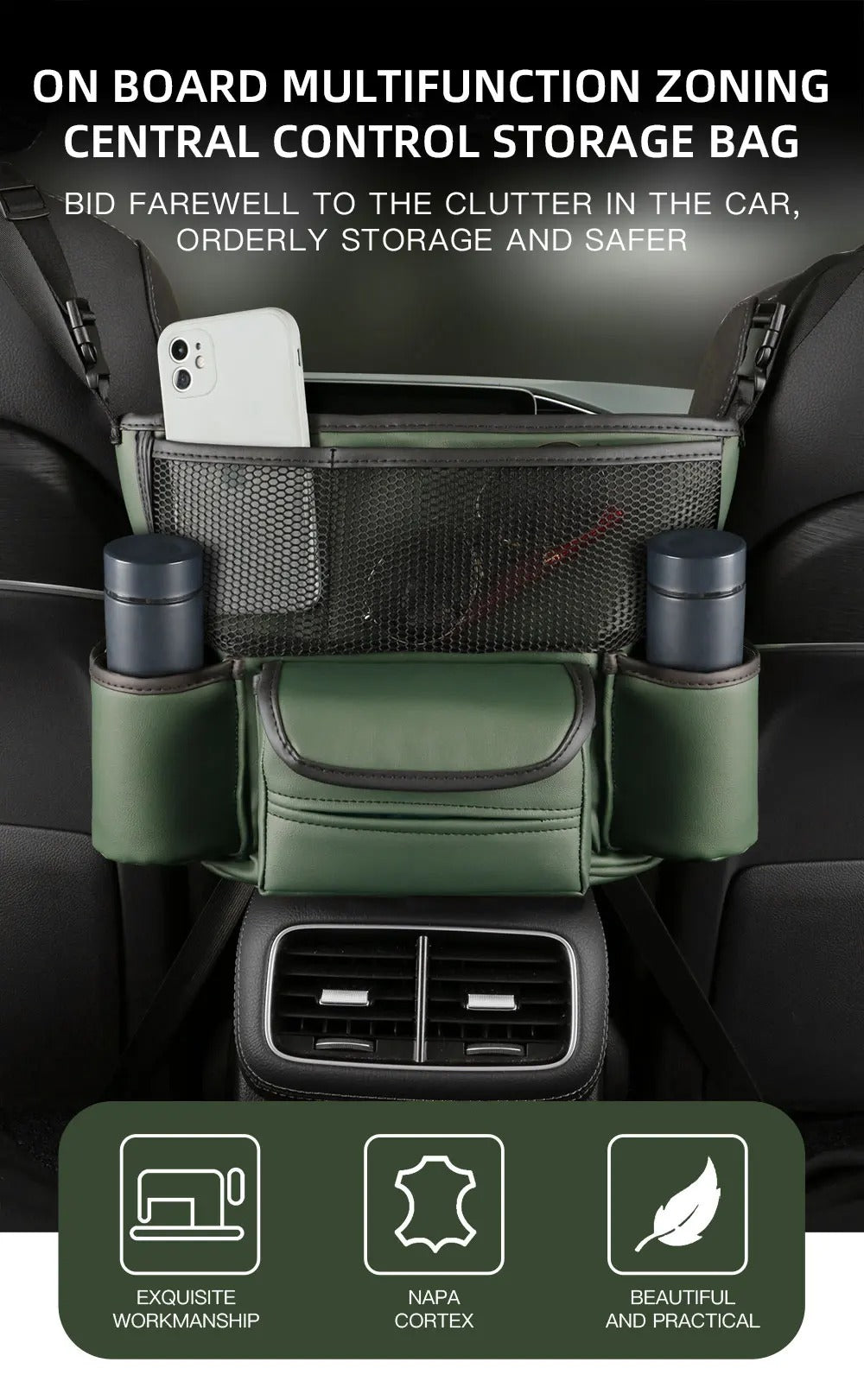 Sac de rangement en cuir pour siège de voiture, cintre central, sac à main automatique, support entre les sièges, poches pour gobelets à eau en tissu, évaluation de rangement - تنزوت