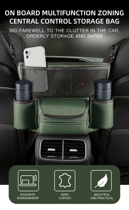 Sac de rangement en cuir pour siège de voiture, cintre central, sac à main automatique, support entre les sièges, poches pour gobelets à eau en tissu, évaluation de rangement - تنزوت