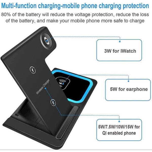 Station de charge sans fil 3 en 1 pour smartphones et appareils électroniques – شاحن لاسلكي للهاتف و الأجهزة الإلكترونية تنزوت