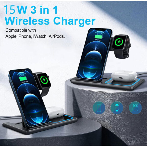 Station de charge sans fil 3 en 1 pour smartphones et appareils électroniques – شاحن لاسلكي للهاتف و الأجهزة الإلكترونية تنزوت