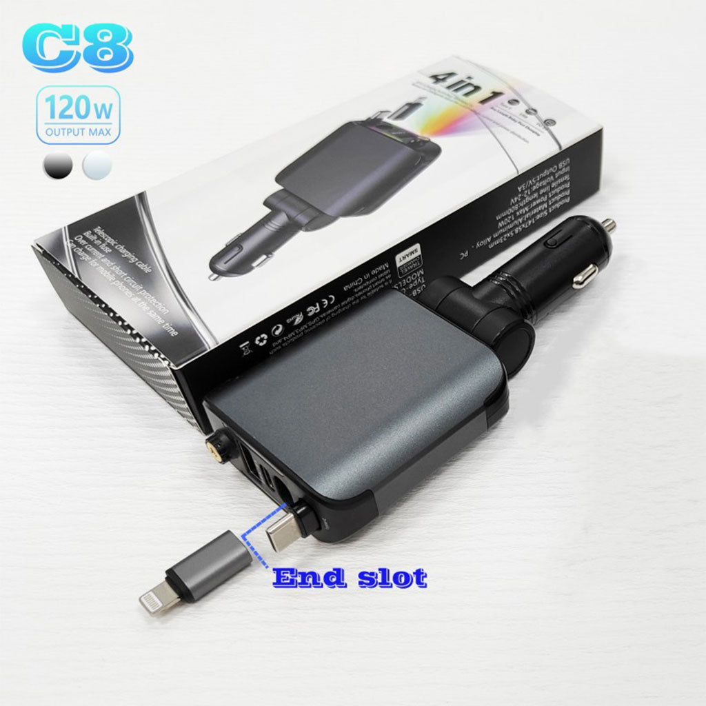 Chargeur Voiture 4en1 Rétractable 120W avec toit Starlight pour téléphones iOS et Android- شاحن سيارة متعدد المنافذ - تنزوت