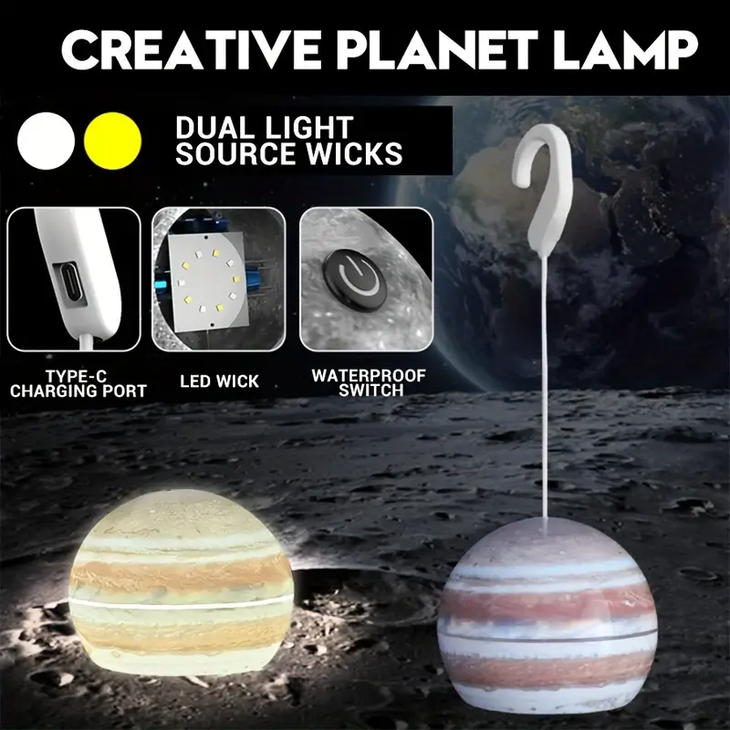 Lampe Led Suspendue En Forme De Boule Décorative, Rechargeable Par Usb, Pour Camping Intérieur Et Extérieur, En Forme De Lune Ou De Terre, 1 Pièce تنزوت