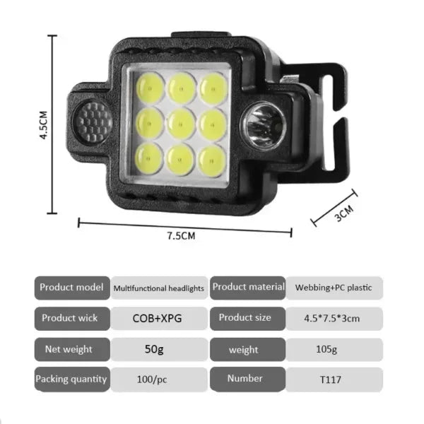 Lampe frontale Portable COB+XPG multifonctionnelle magnétique USB TYPE-C تنزوت