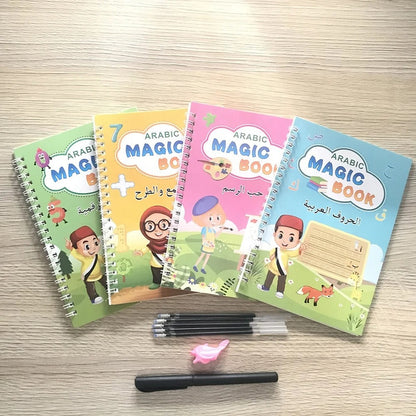طقم 4 كتب لتعليم الأطفال , كتابة الحروف , الأرقام , العمليات الحسابية , الرسم MAGIC BOOK تنزوت
