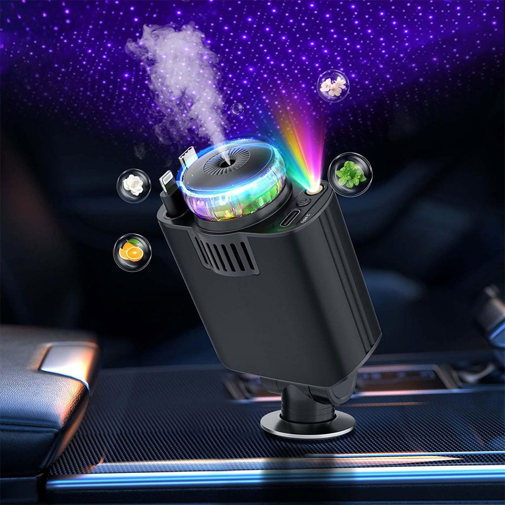Chargeur voiture rétractable 5 en 1 avec aromathérapie et lumière des étoiles – شاحن سريع للسيارة مع معطر تنزوت