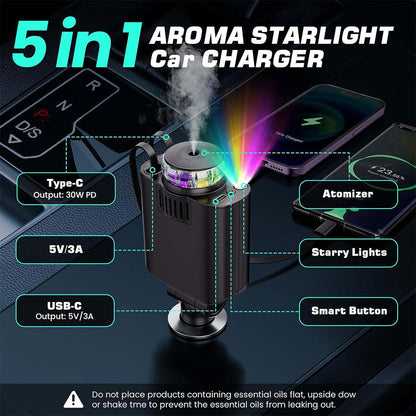 Chargeur voiture rétractable 5 en 1 avec aromathérapie et lumière des étoiles – شاحن سريع للسيارة مع معطر تنزوت