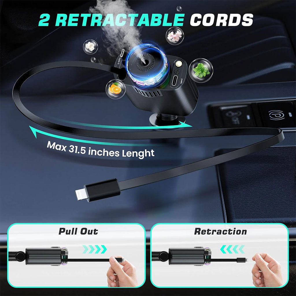 Chargeur voiture rétractable 5 en 1 avec aromathérapie et lumière des étoiles – شاحن سريع للسيارة مع معطر تنزوت