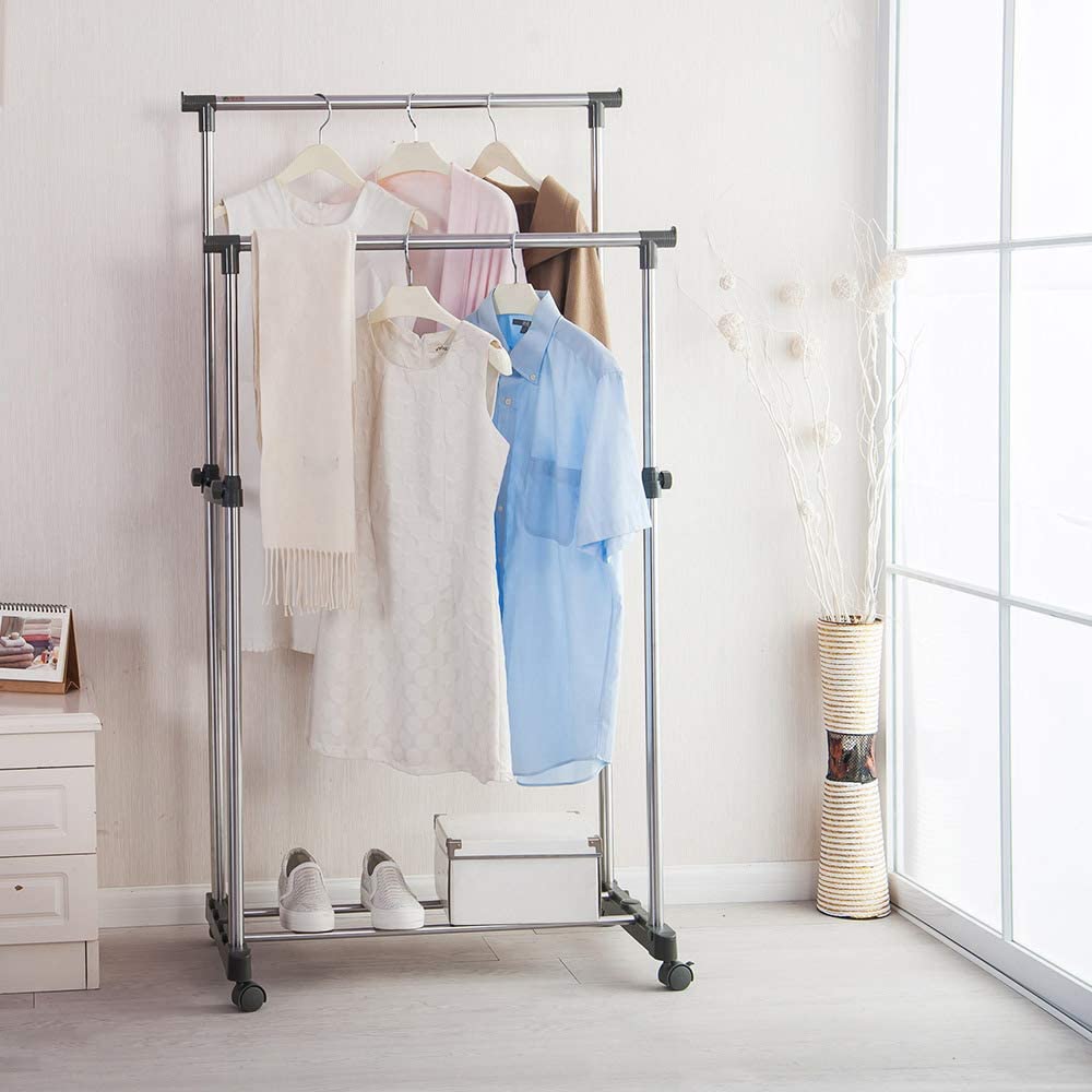 Penderie 2 Barre et porte-chaussures 2 en 1 en acier inoxydable تنزوت
