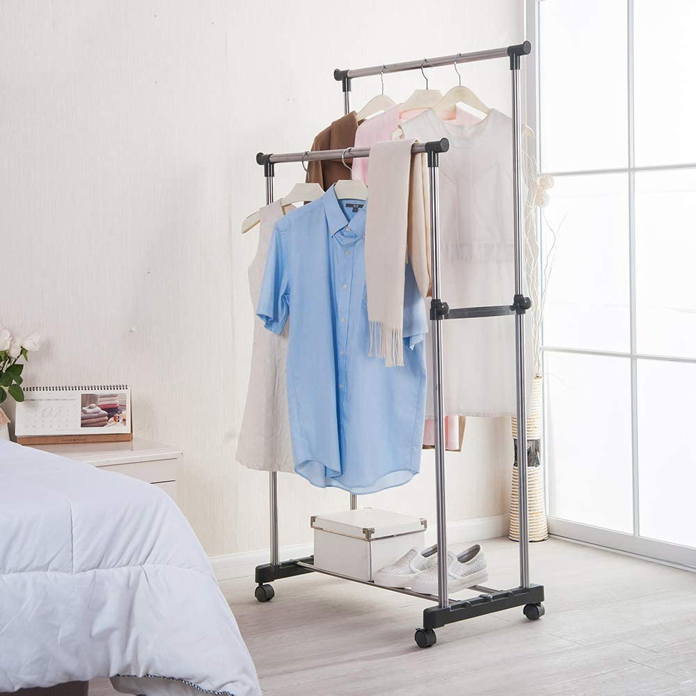 Penderie 2 Barre et porte-chaussures 2 en 1 en acier inoxydable تنزوت