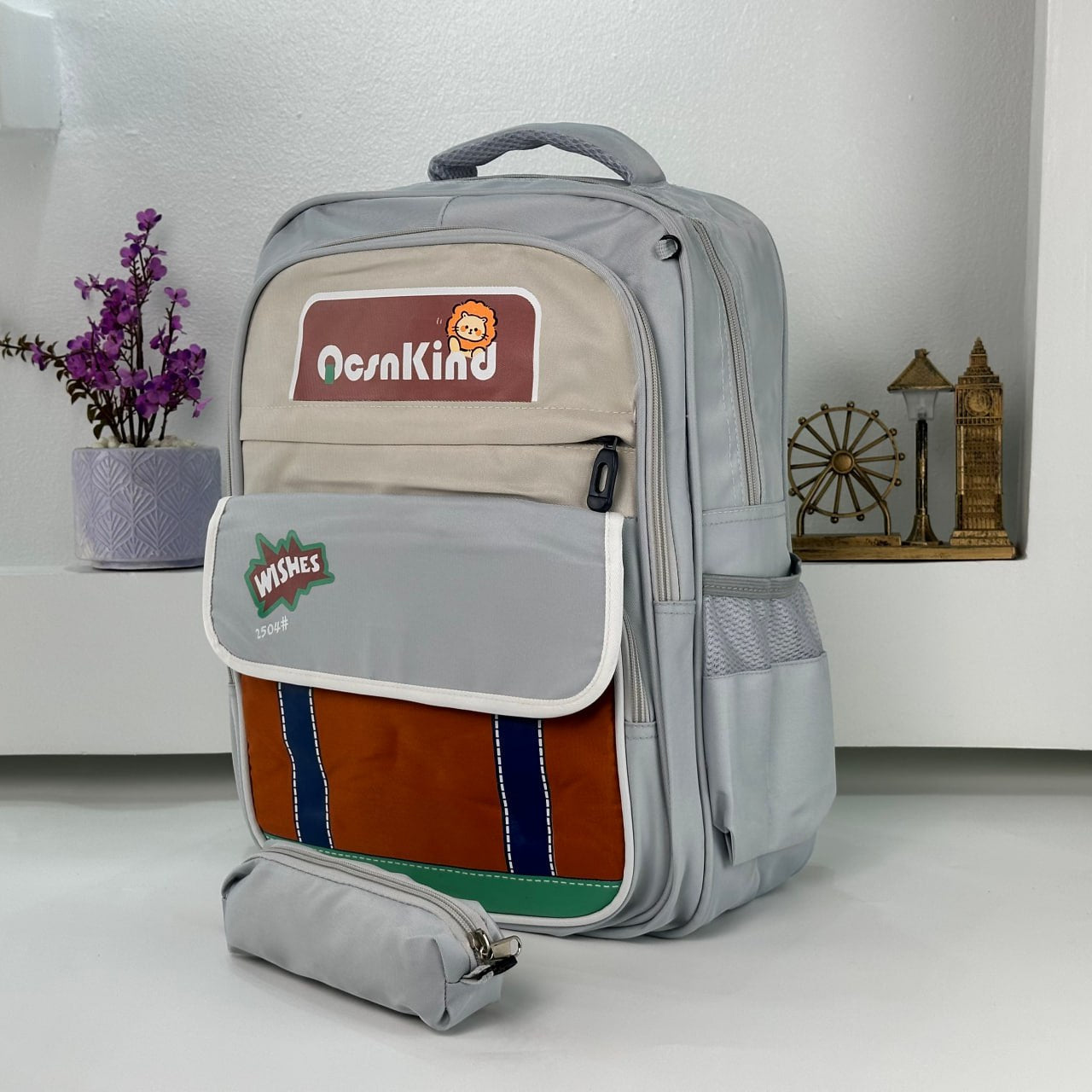 Sac à Dos pour Enfants avec Trousse Assortie 2504 Gris – حقيبة ظهر مدرسية للأطفال مع مقلمة رمادي تنزوت