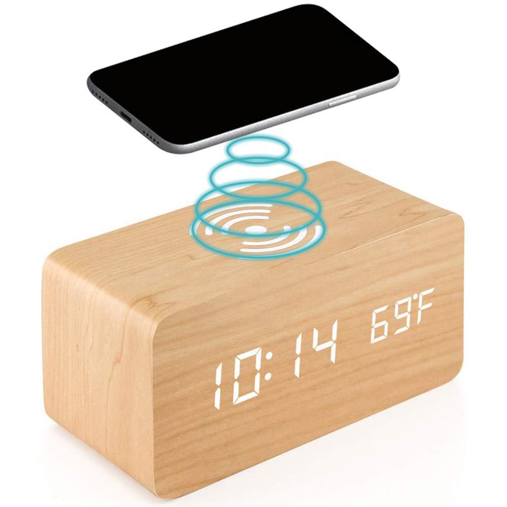 Réveil numérique de bureau en bois avec socle de charge sans fil Qi - تنزوت