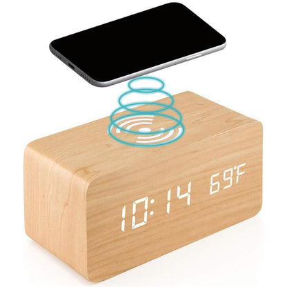 Réveil numérique de bureau en bois avec socle de charge sans fil Qi - تنزوت
