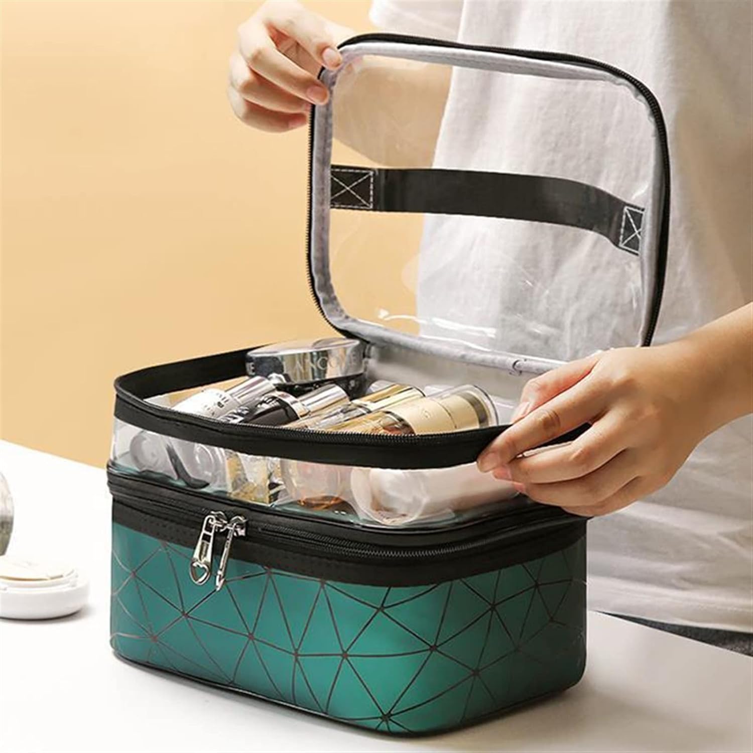 Trousse de maquillage et cosmétiques double couche étanche V1 تنزوت