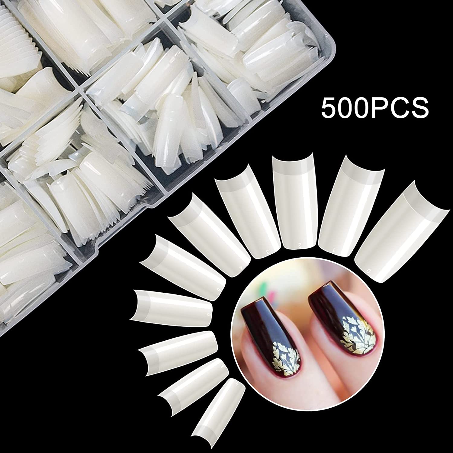 Boite 500 Pcs Pose Capsules 10 Sizes ongles transparent تنزوت