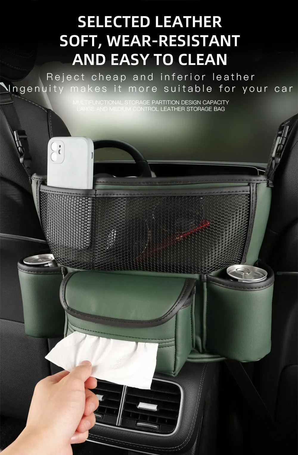 Sac de rangement en cuir pour siège de voiture, cintre central, sac à main automatique, support entre les sièges, poches pour gobelets à eau en tissu, évaluation de rangement - تنزوت
