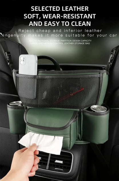 Sac de rangement en cuir pour siège de voiture, cintre central, sac à main automatique, support entre les sièges, poches pour gobelets à eau en tissu, évaluation de rangement - تنزوت
