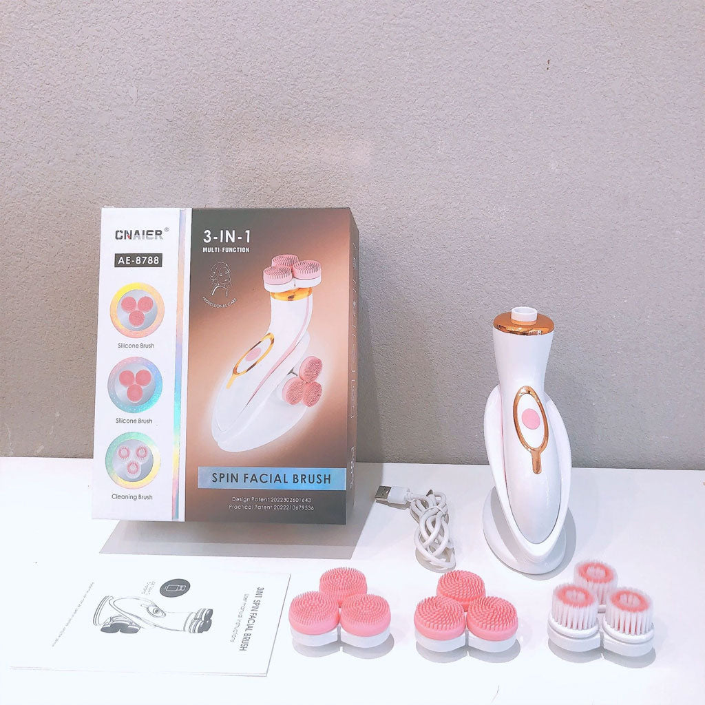 Brosse Nettoyante Électrique Cnaier AE-8788 3 Têtes Rotatives Recharge USB – جهاز تنظيف البشرة بعمق تنزوت