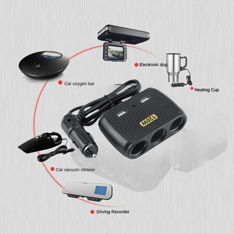 Chargeur de voiture avec 2 USB et 3 allume-cigare 5V تنزوت