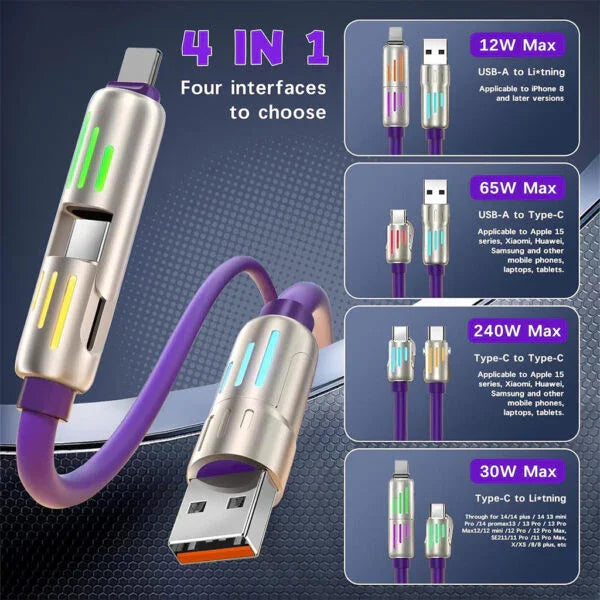 Câble de charge multifonction 4 en 1 USB C, A et Lightning 240W – كابل شحن متعدد الرؤوس - تنزوت