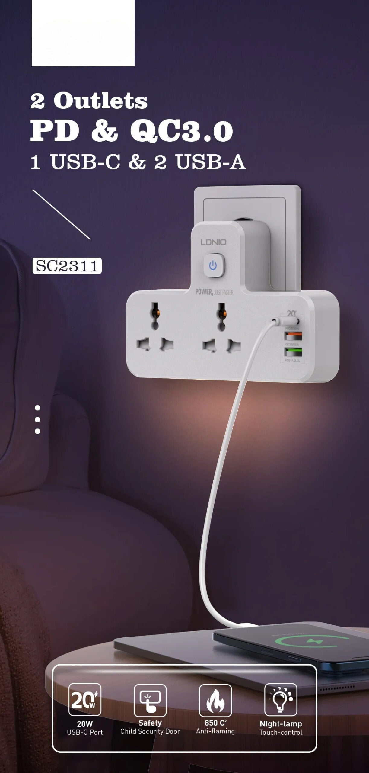 Prise de charge rapide domestique multifonctionnelle avec veilleuse QC 3.0 et système de sécurité enfants - تنزوت