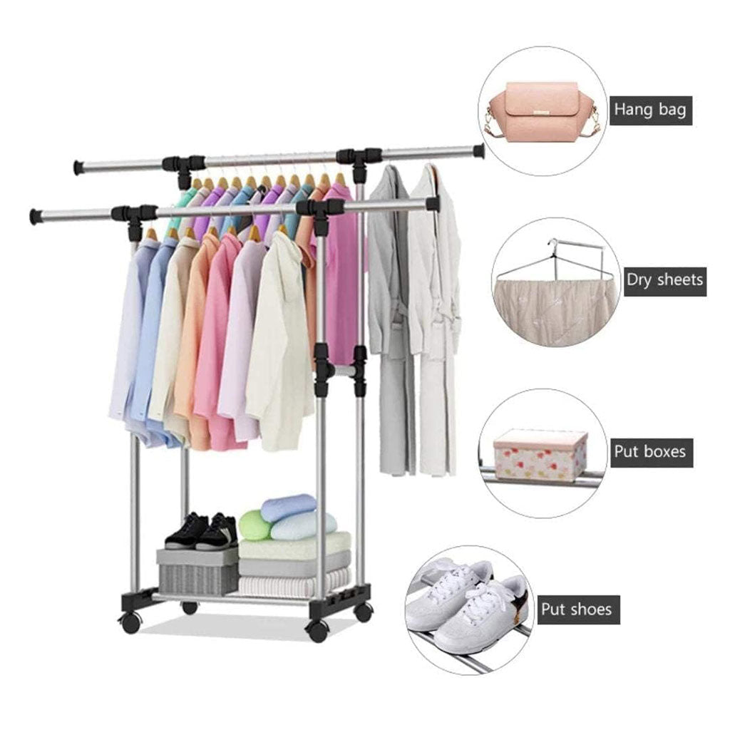 Double Penderie à vêtements portable à roulettes en Acier Inoxydable – علاقة ملابس متنقلة تنزوت