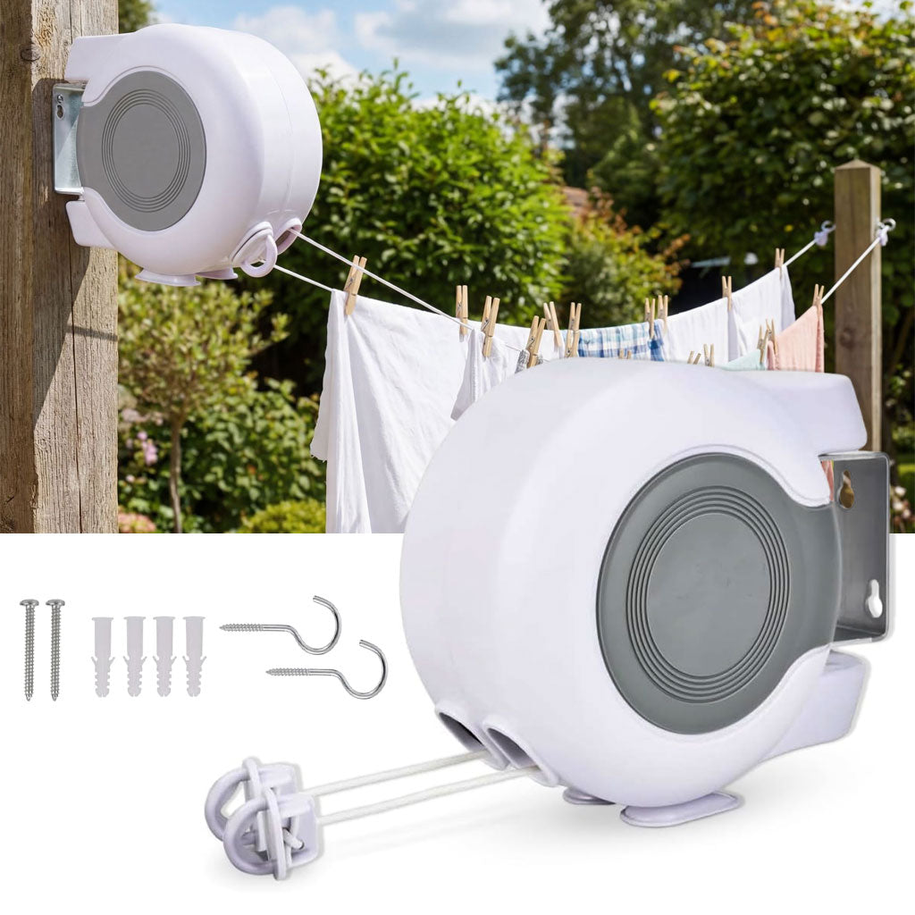 Double Corde à Linge Rétractable Automatique 30m Fixation Murale 2 Lignes Indépendantes - حبل غسيل أوتوماتيكي مزدوج قابل للسحب بطول 30 متراً (15×2)