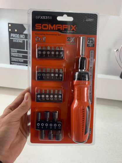 مطقم مفك براغي من 25 قطعة – Tournevis Cliquet SOMAFIX SFX5358 Coffret 25 Pièces en Acier Cr-V تنزوت