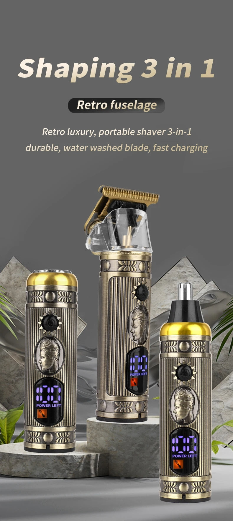 Rasoir professionnel multifonction 3en1 Étanche en acier Rechargeable USB - تنزوت