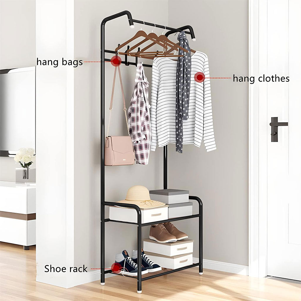 Porte Manteau et Organisateur de Chaussures en Métal avec Cintres – علاقة ملابس ومنظم أحذية 2في1 تنزوت