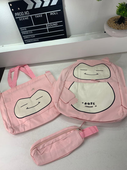 Ensemble de Sacs Snorlax 3Pcs Design Kawaii Rose- حقيبة مدرسية 3 قطع لون وردي تنزوت