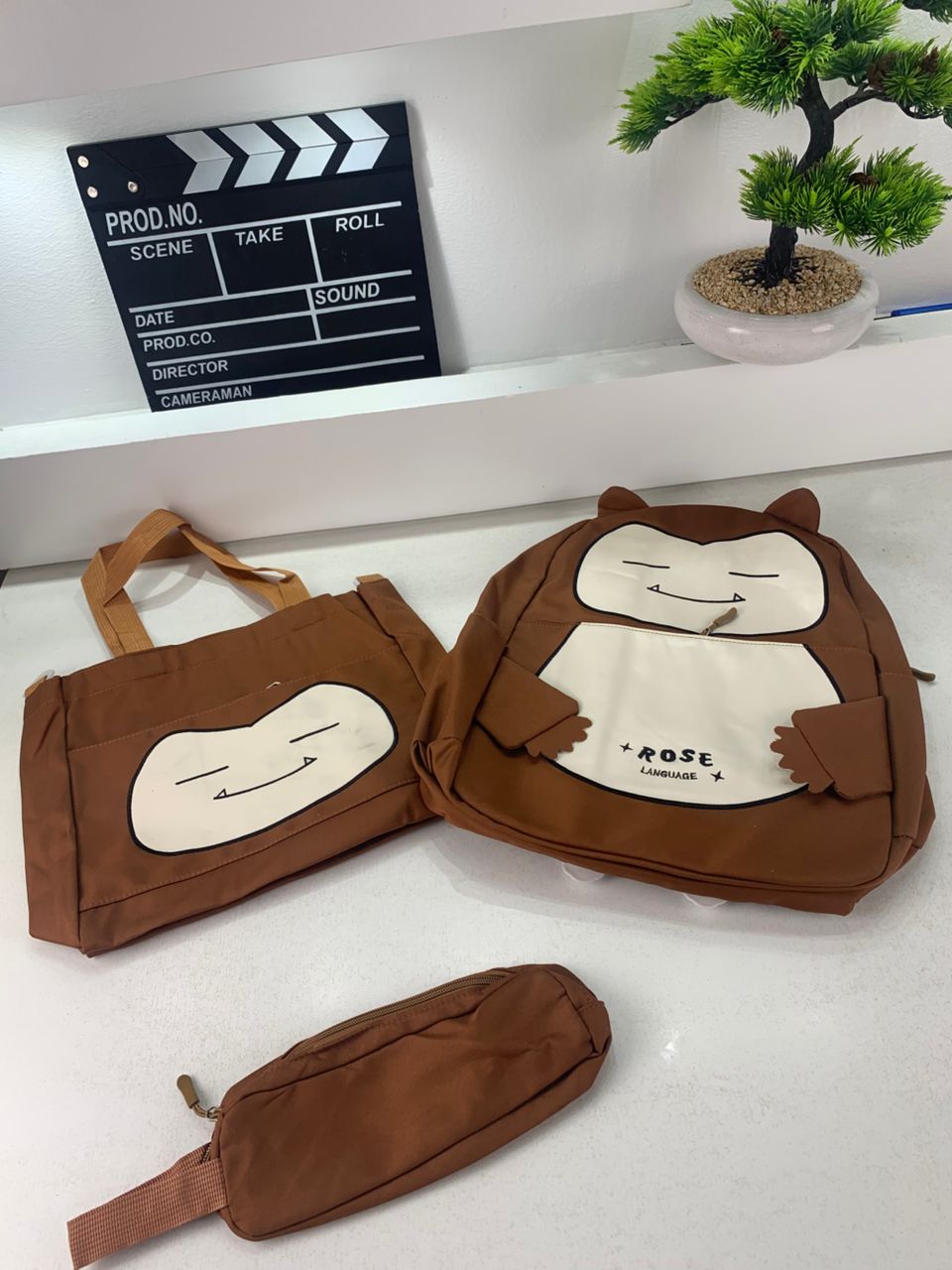 Ensemble de Sacs Snorlax 3Pcs Design Kawaii Marron – حقيبة مدرسية 3 قطع لون بني تنزوت