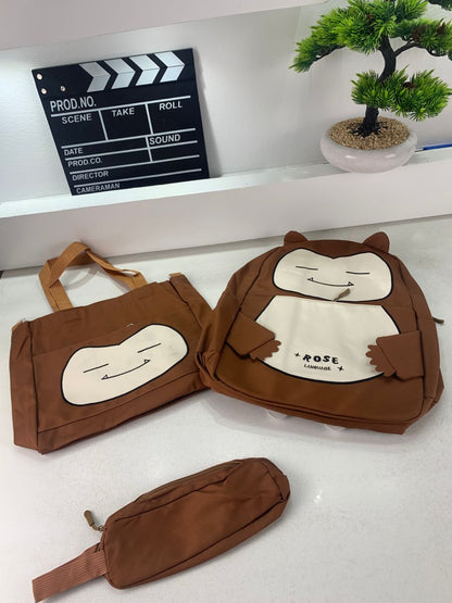 Ensemble de Sacs Snorlax 3Pcs Design Kawaii Marron – حقيبة مدرسية 3 قطع لون بني تنزوت