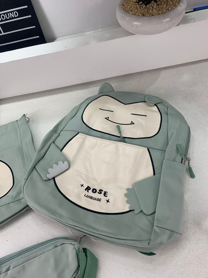 Ensemble de Sacs Snorlax 3Pcs Design Kawaii Vert – حقيبة مدرسية 3 قطع لون أخضر تنزوت