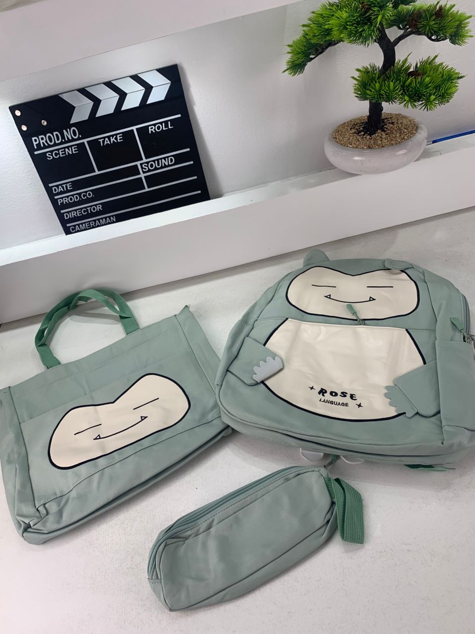 Ensemble de Sacs Snorlax 3Pcs Design Kawaii Vert – حقيبة مدرسية 3 قطع لون أخضر تنزوت