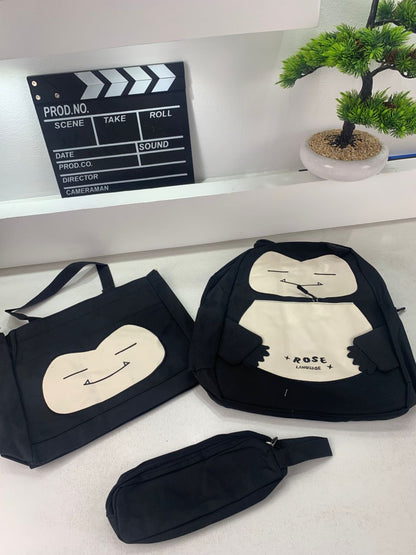 Ensemble de Sacs Snorlax 3Pcs Design Kawaii Noir – حقيبة مدرسية 3 قطع لون أسود تنزوت