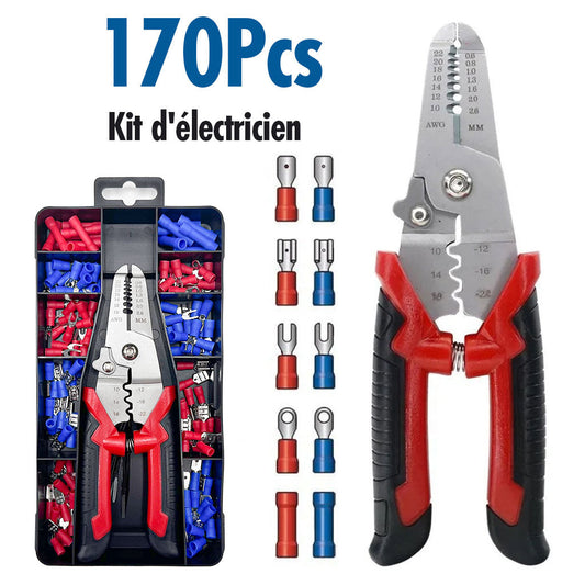 Coffret de sertissage 3en1 avec cosses 22-10 AWG – 170 pièces pour l’électricien - تنزوت
