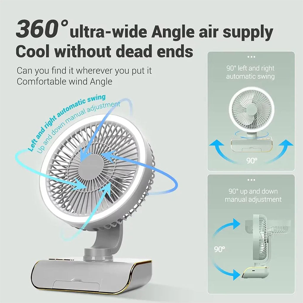 Ventilateur de Bureau Rechargeable Rotatif avec Lumière LED – مروحة مكتب قابلة للشحن تنزوت