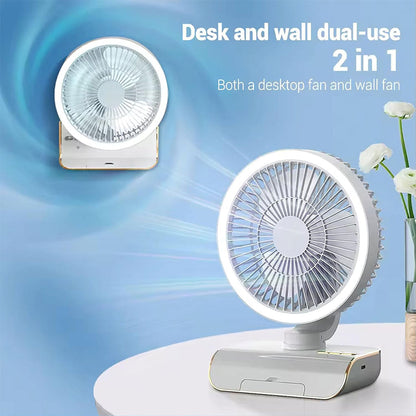 Ventilateur de Bureau Rechargeable Rotatif avec Lumière LED – مروحة مكتب قابلة للشحن تنزوت