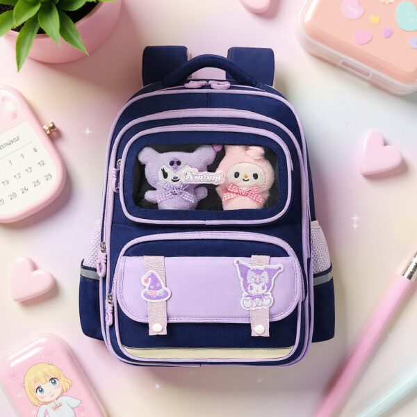 Sac à Dos Enfant Ludique avec Plusieurs Compartiment et un Peluche LM-5122 Bleu Nuit et Mauve – حقيبة ظهر للأطفال أزرق ليلي وبنفسجي تنزوت